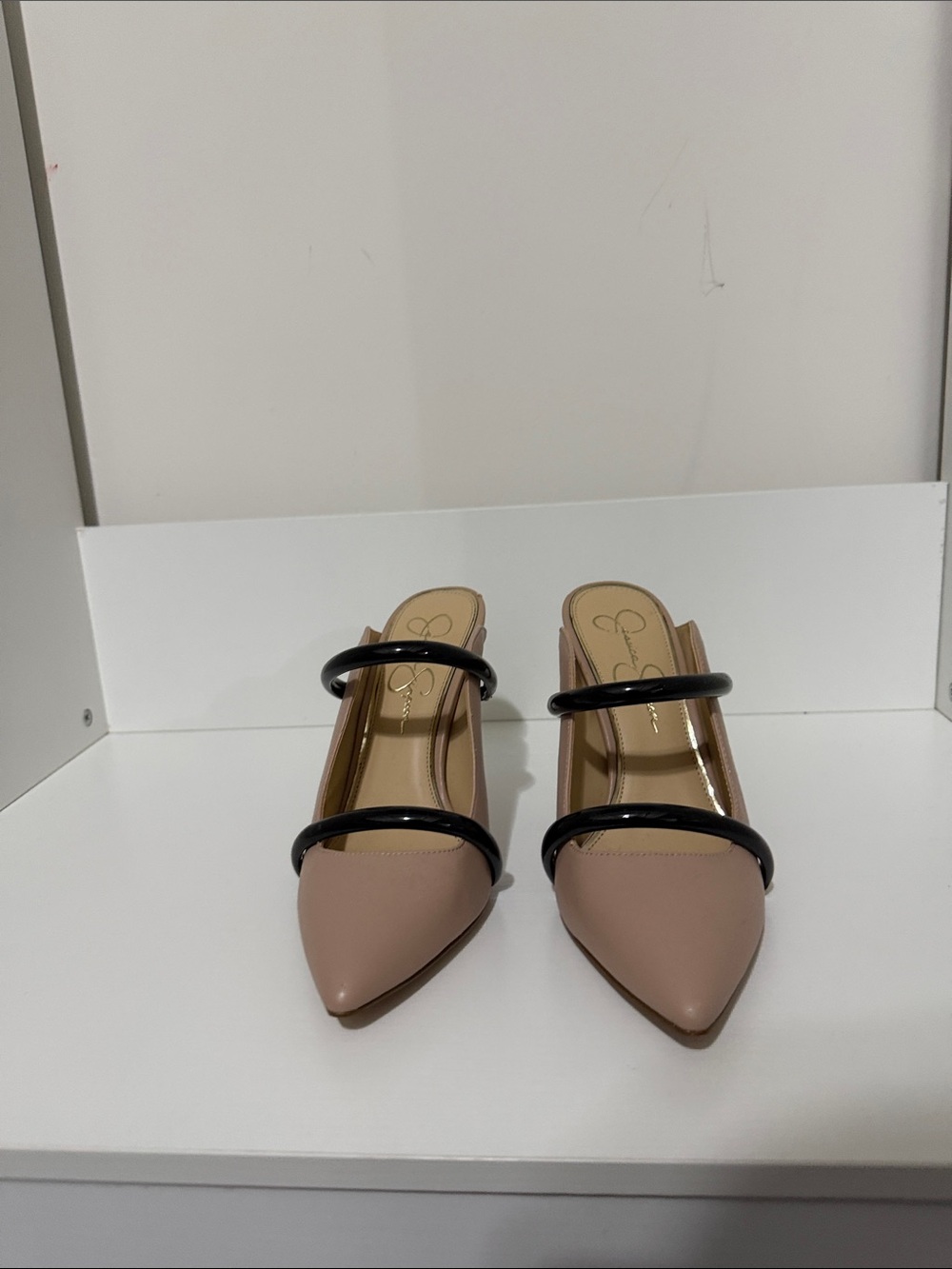 Jessica Simpson Taupe Pointed Mules with Black Straps